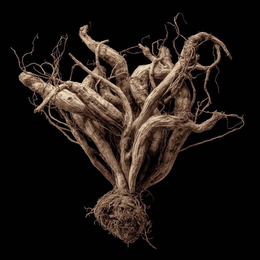 A sepia-toned, close-up photograph of a gnarled and tangled root system against a black background.