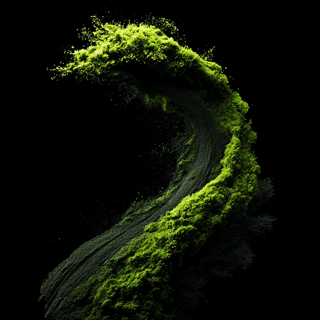 A curving splash of vibrant green powder frozen in mid-air against a black background.