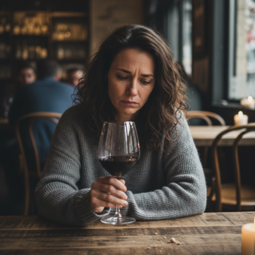 Woman in sweater holding a glass of red wine, seated at a wooden table.