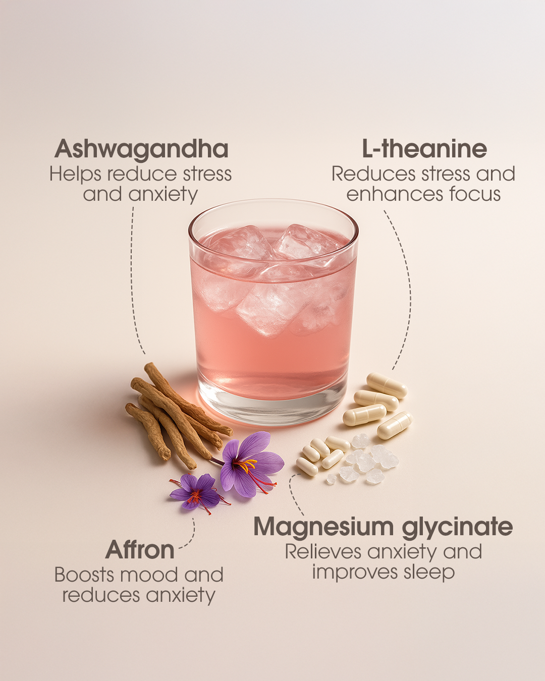 Glass of pink liquid with herbs and supplement pills, labeled with benefits.