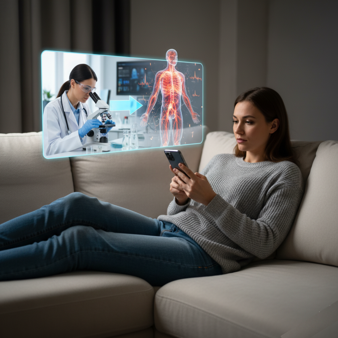 Woman on sofa with holographic image of doctor and digital human anatomy display.