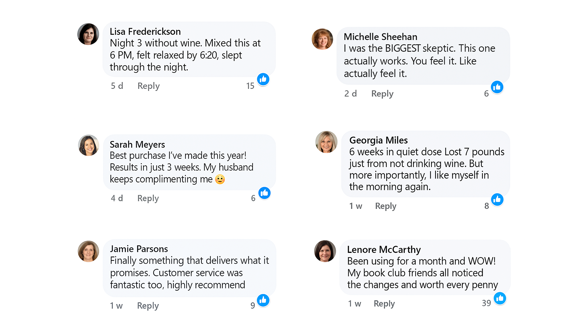 Image of six online reviews with profile pictures and like counts.