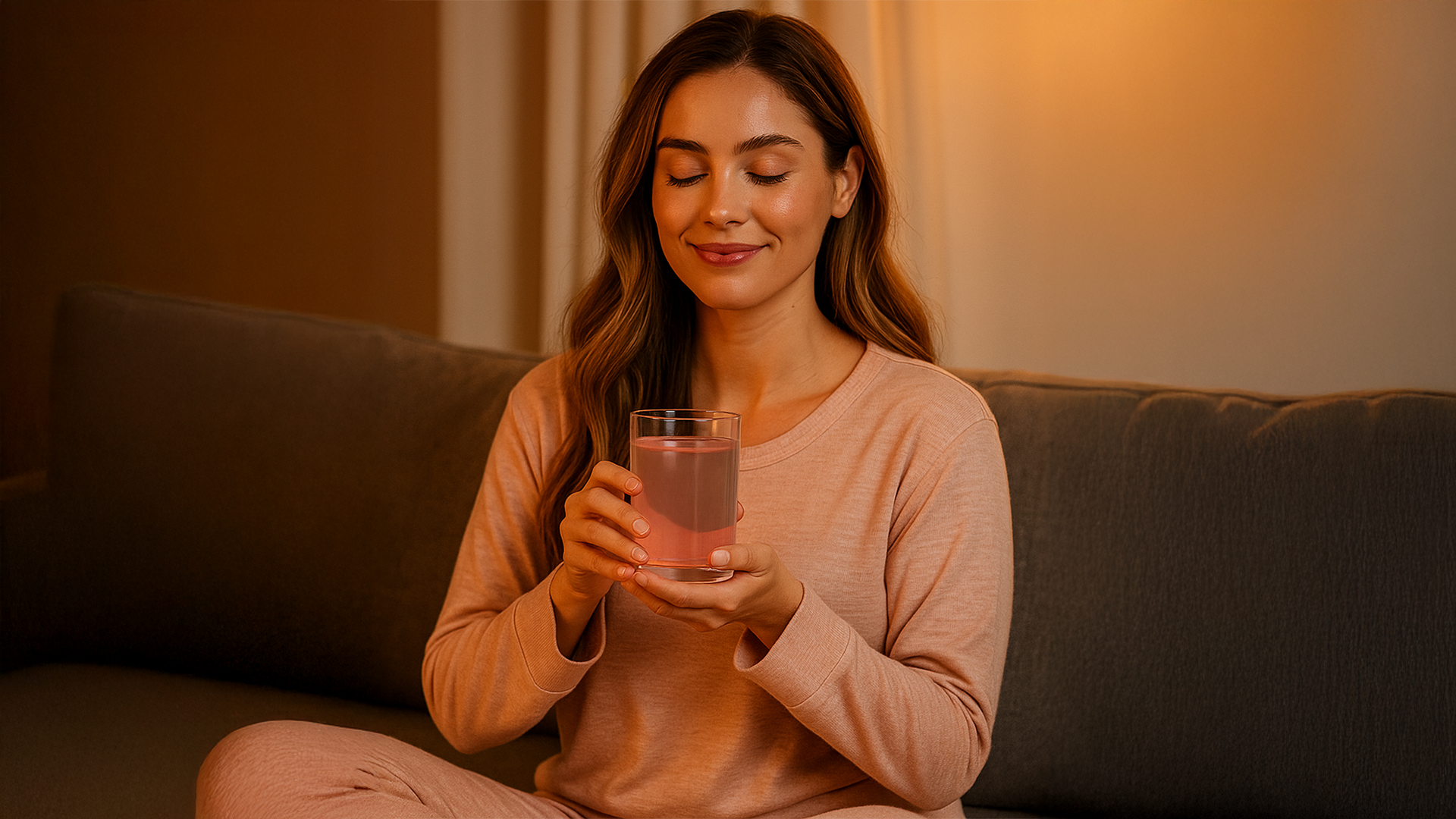 Woman in pajamas holding a glass of pink liquid, sitting on a couch.