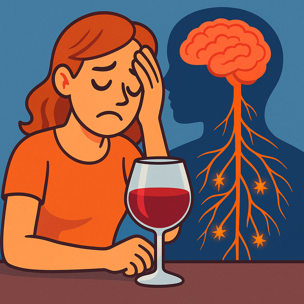 Illustration of a worried person with wine, brain and nerves diagram in background.