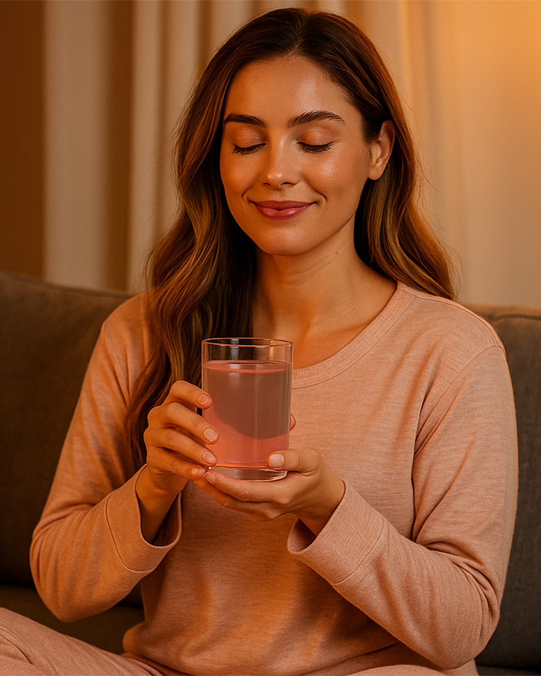 Person sitting with eyes closed, holding a glass of pink liquid, wearing a peach outfit.