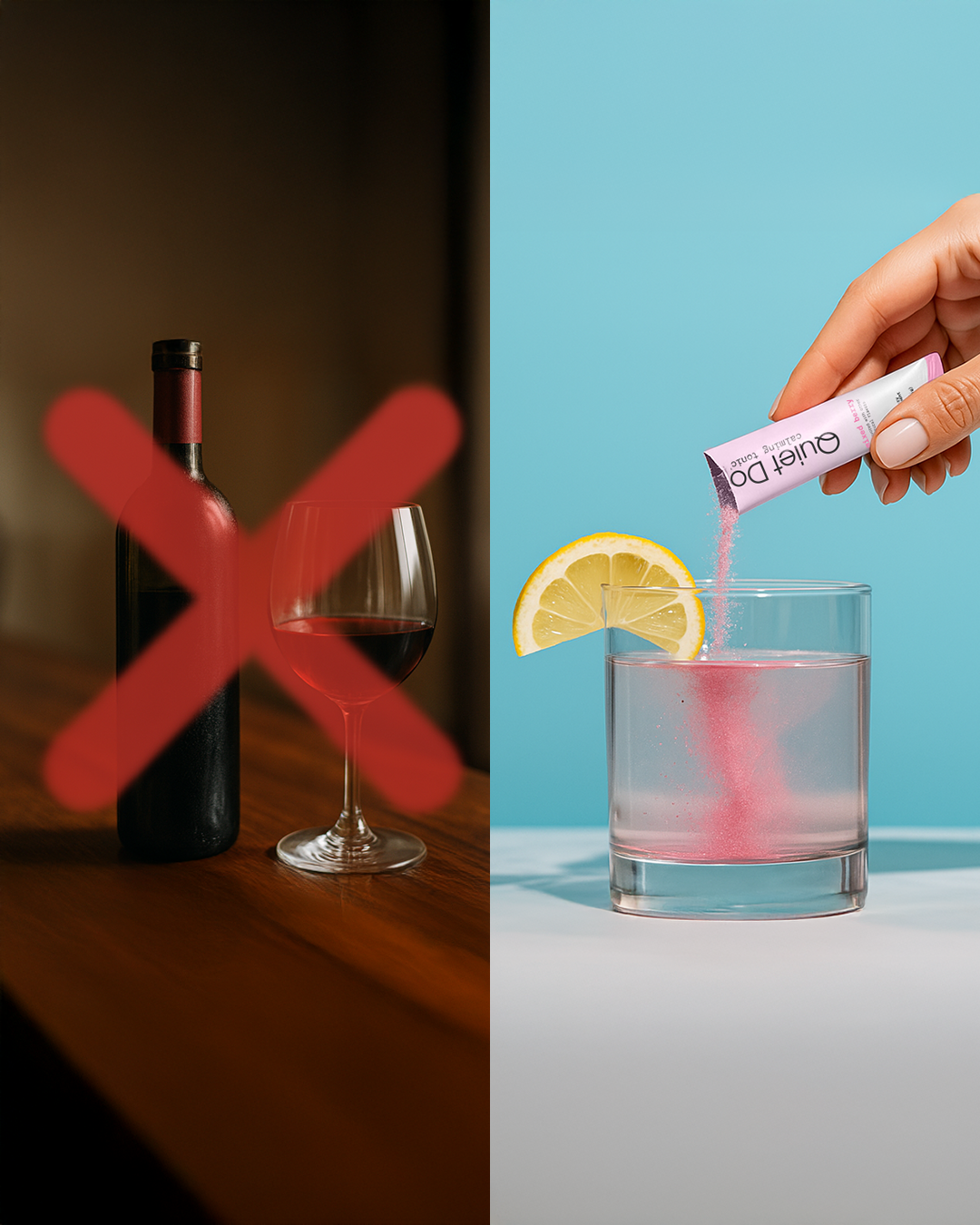 Split image: wine bottle with red cross, powder poured into water with lemon slice.