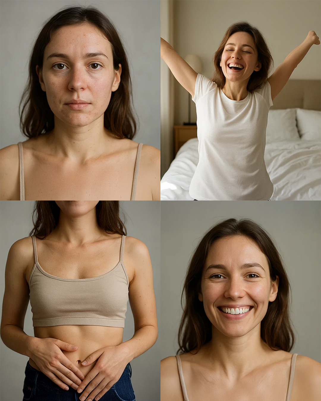 Four quadrants showing a woman with various expressions and poses.