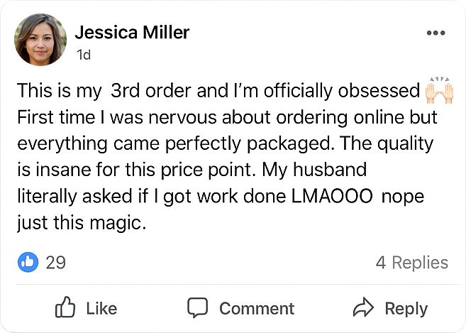 A social media post with a positive review and engagement statistics.