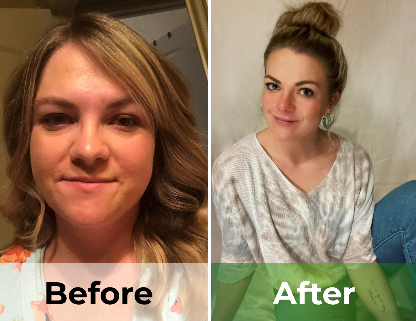 Side-by-side comparison of a woman labeled 'Before' and 'After' with different hairstyles.