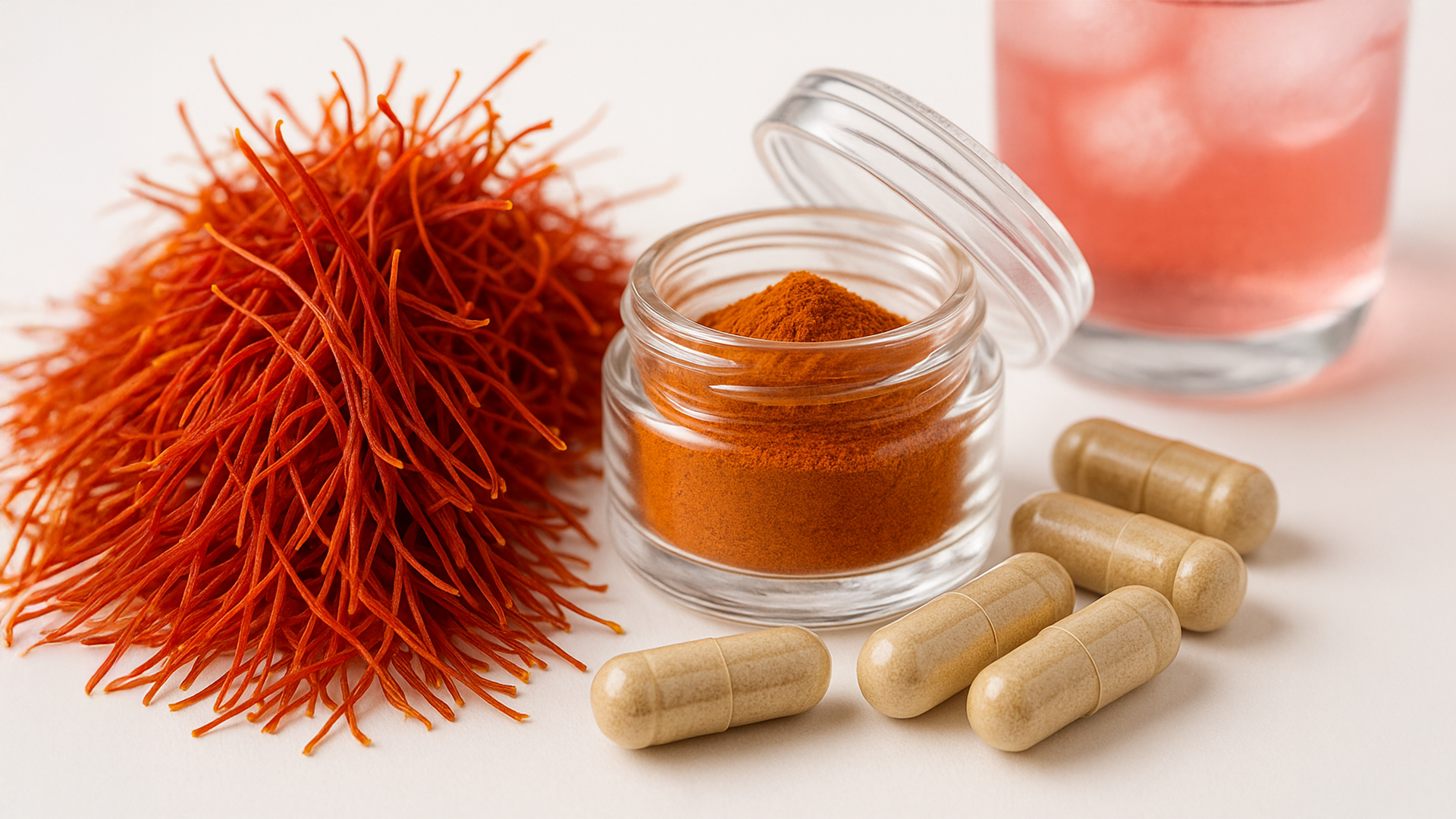 Saffron threads, powder in a jar, capsules, and a pink drink.