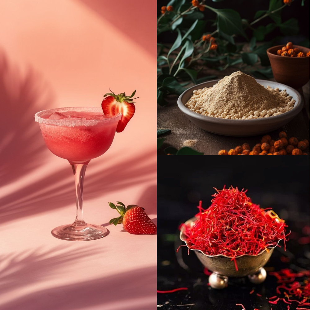 Collage of a strawberry cocktail, powder in a bowl, and saffron threads in a dish.