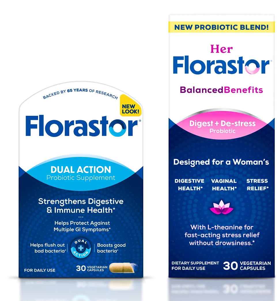 Two boxes of Florastor probiotic supplements, Dual Action and Her Florastor, are displayed side by side.