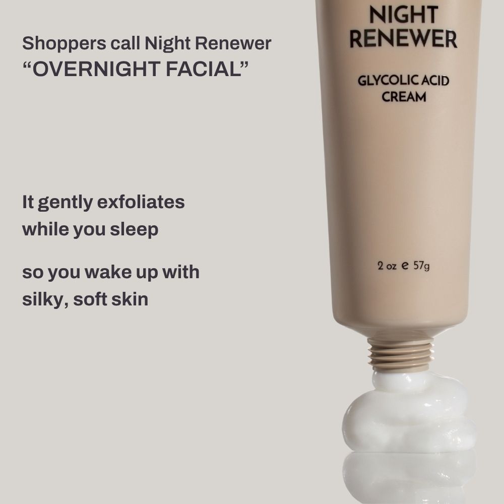 Tube of Night Renewer glycolic acid cream with text about exfoliating benefits.