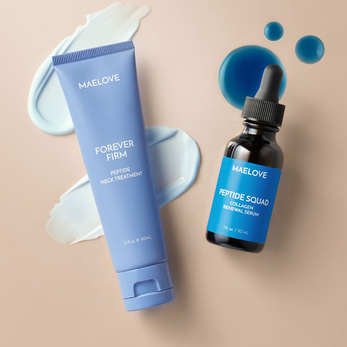 A tube of Maelove Forever Firm neck cream and a bottle of Peptide Squad serum.