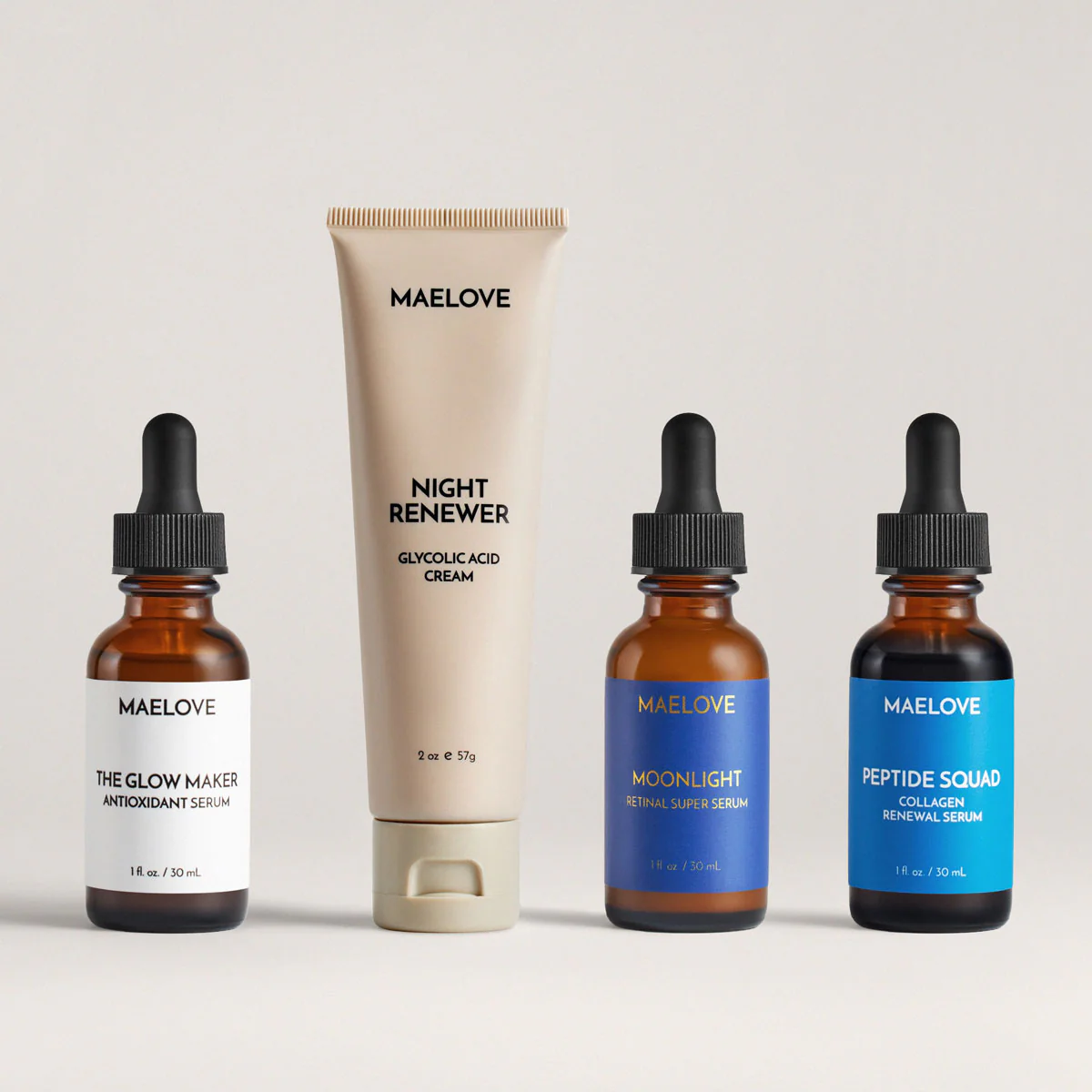 Four Maelove skincare products including serums and a cream tube.