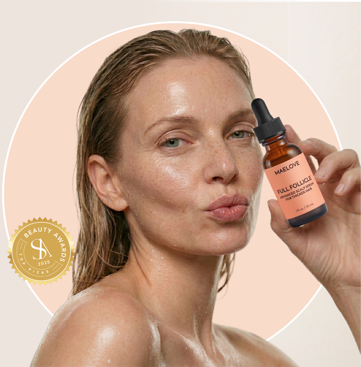 A woman with wet hair and glowing skin holds a bottle of Maelove Full Follicle scalp serum.