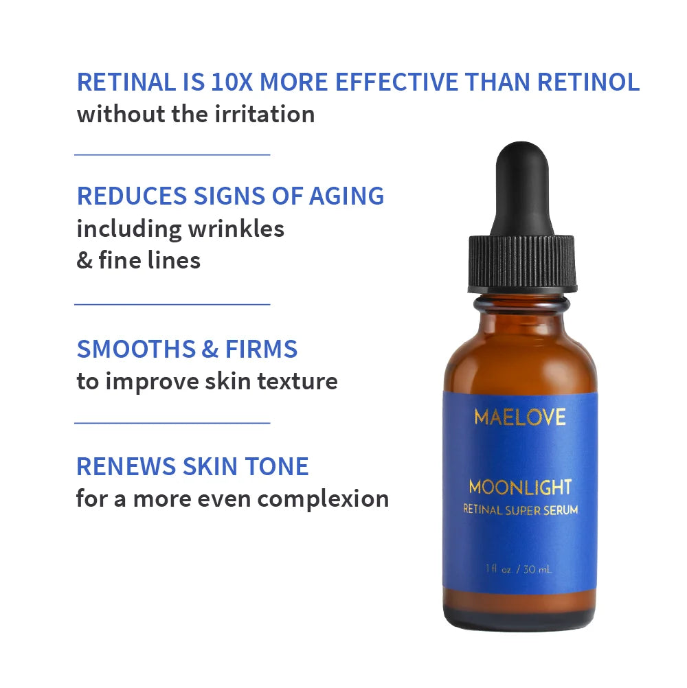 Brown bottle of Maelove Moonlight Retinal Super Serum with product benefits listed.