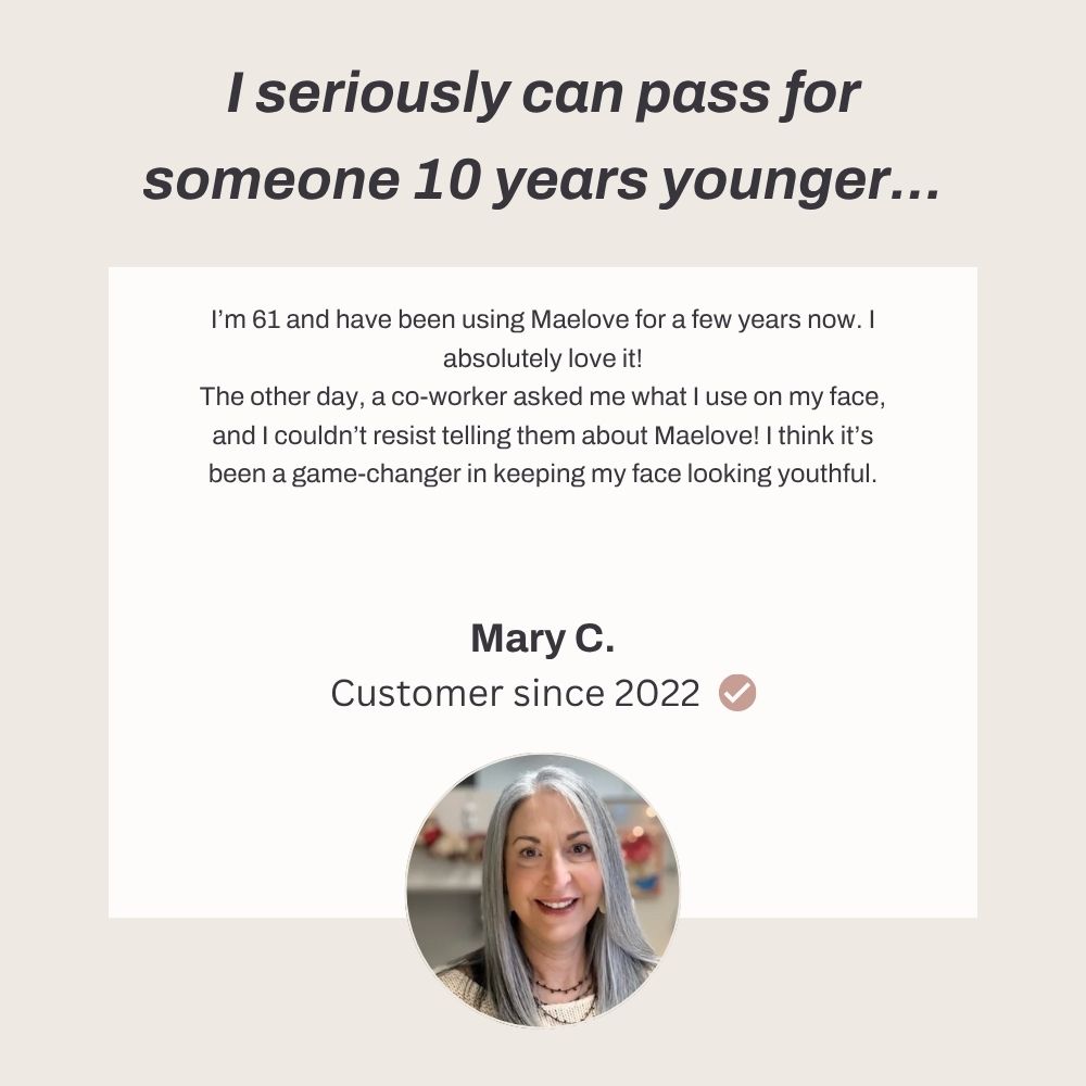 Testimonial with a woman's photo, praising Maelove for youthful appearance.