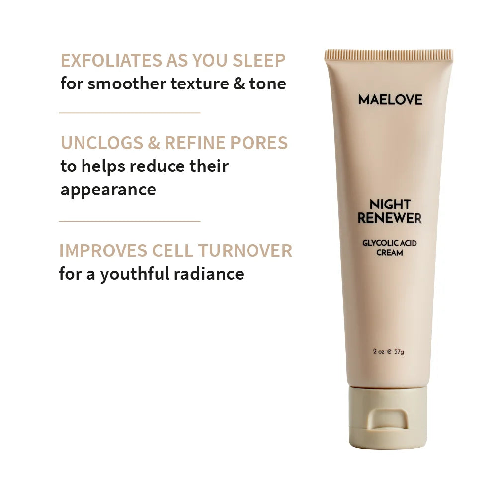 Tube of Maelove Night Renewer cream with product benefits listed beside it.