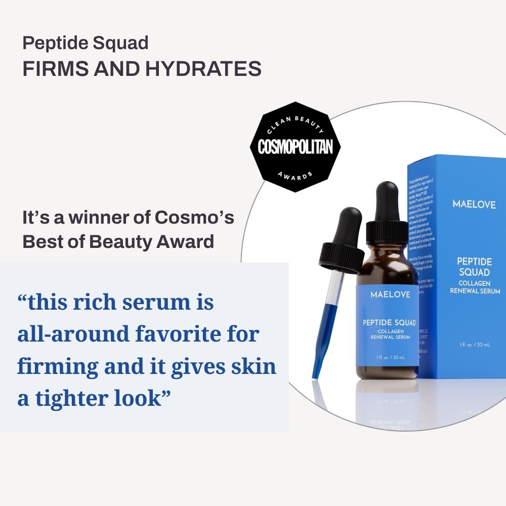Image of Maelove Peptide Squad serum with award and product description.