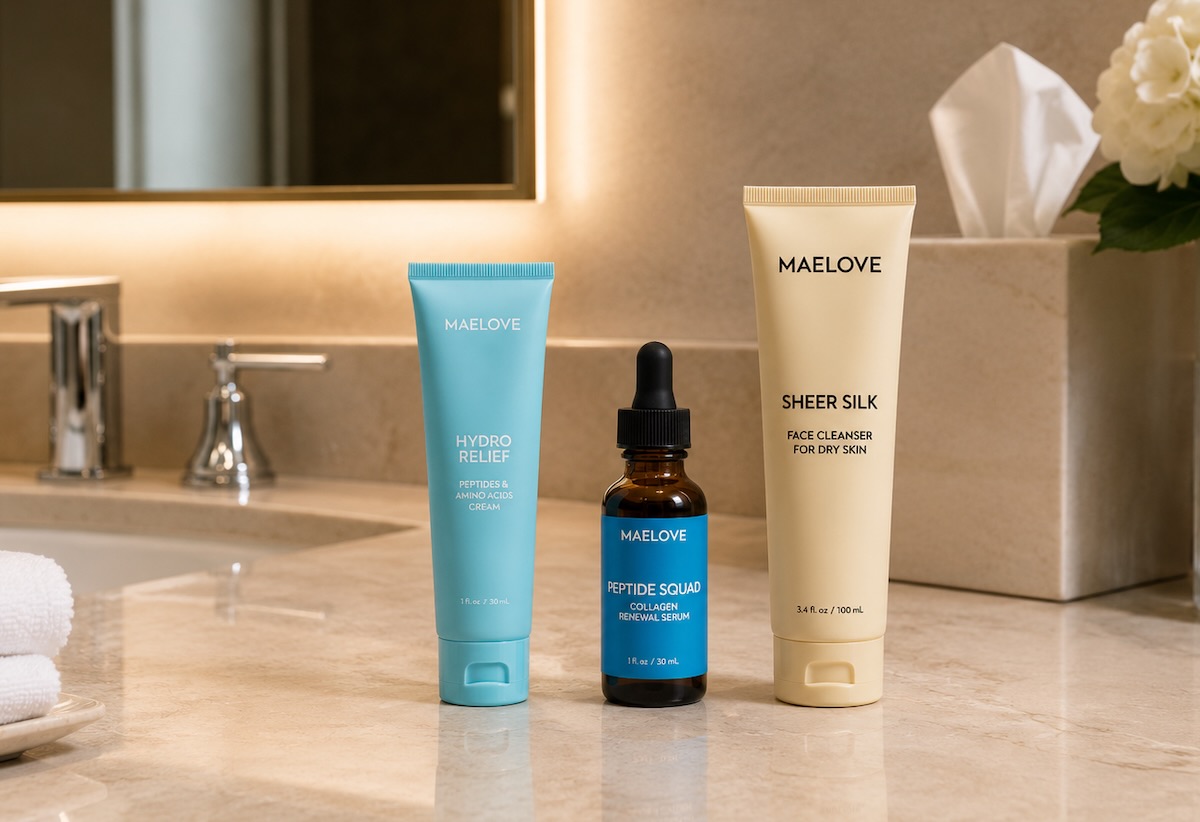 Three Maelove skincare products—a cream, serum, and cleanser—arranged on a marble bathroom vanity.
