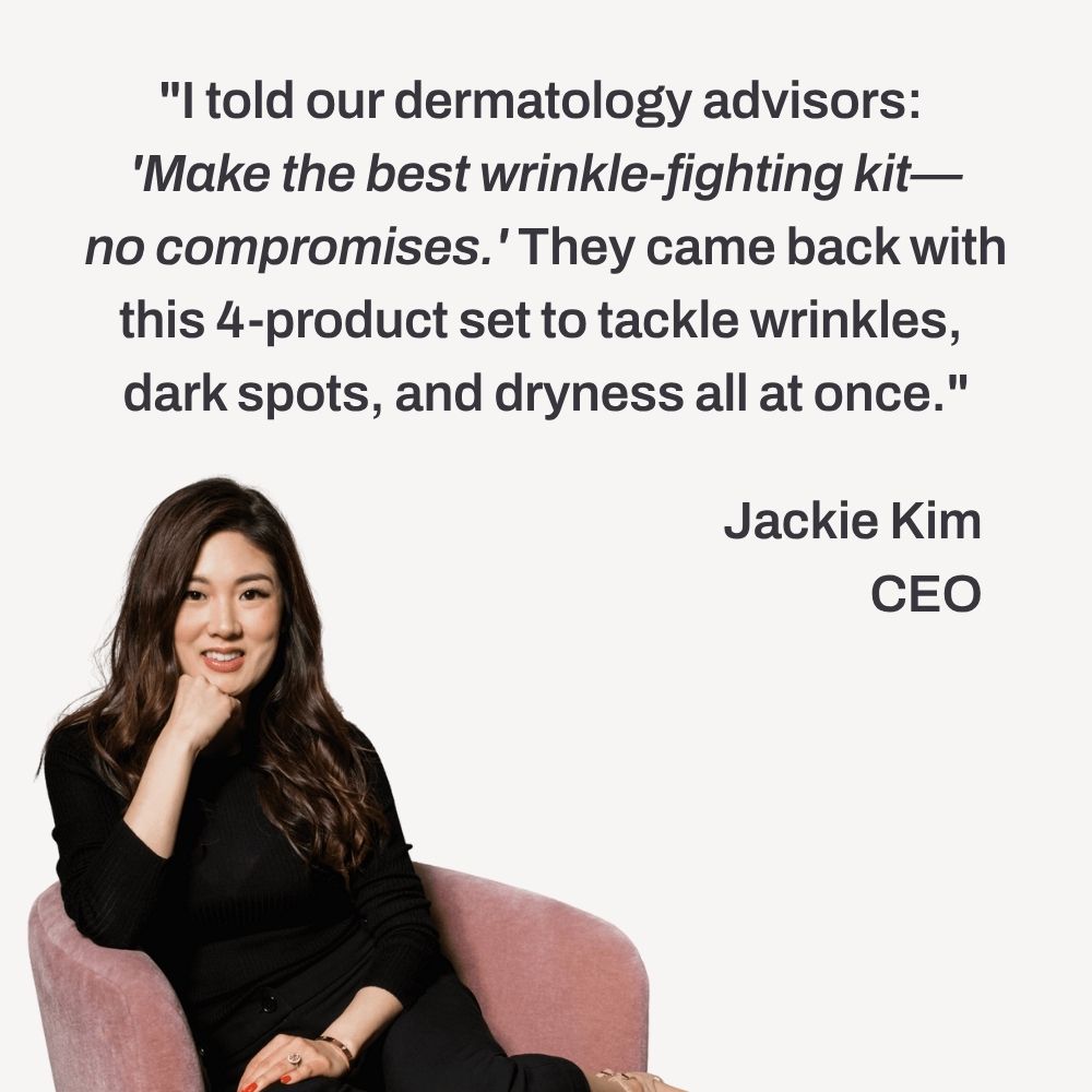 Woman sitting in a chair with text about a wrinkle-fighting kit.