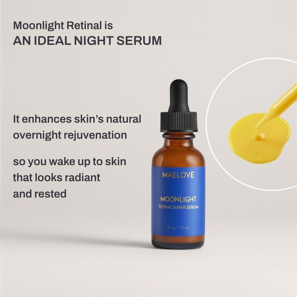 Bottle of Moonlight Retinal serum with text about skin rejuvenation.