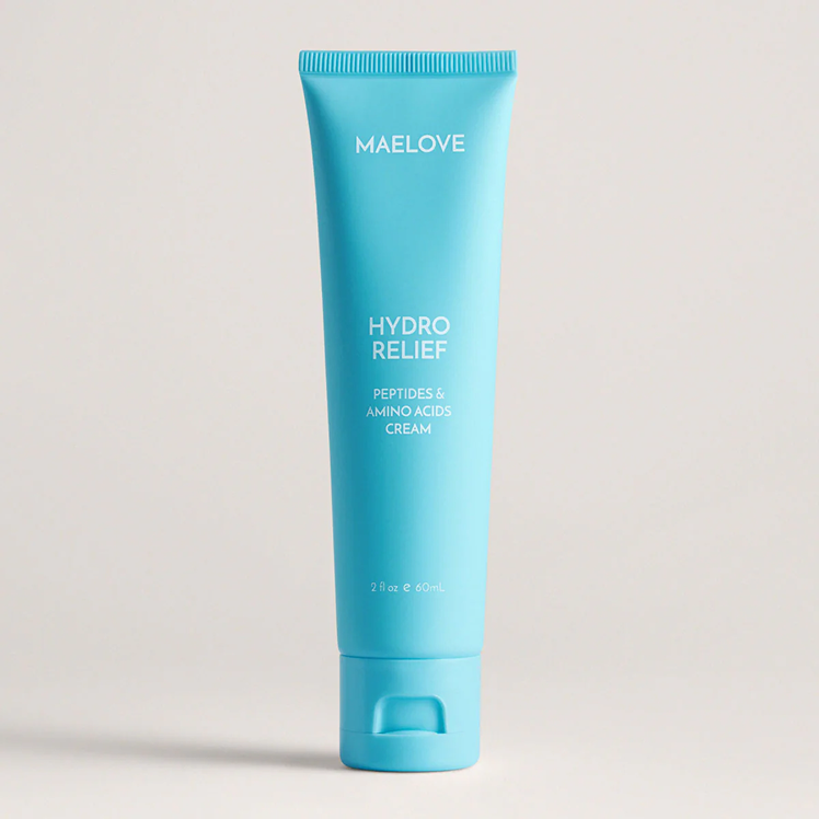 Blue tube of Maelove Hydro Relief cream on a plain background.