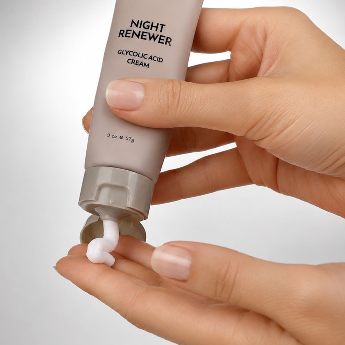 A person squeezes Night Renewer Glycolic Acid Cream from a tube into their palm.
