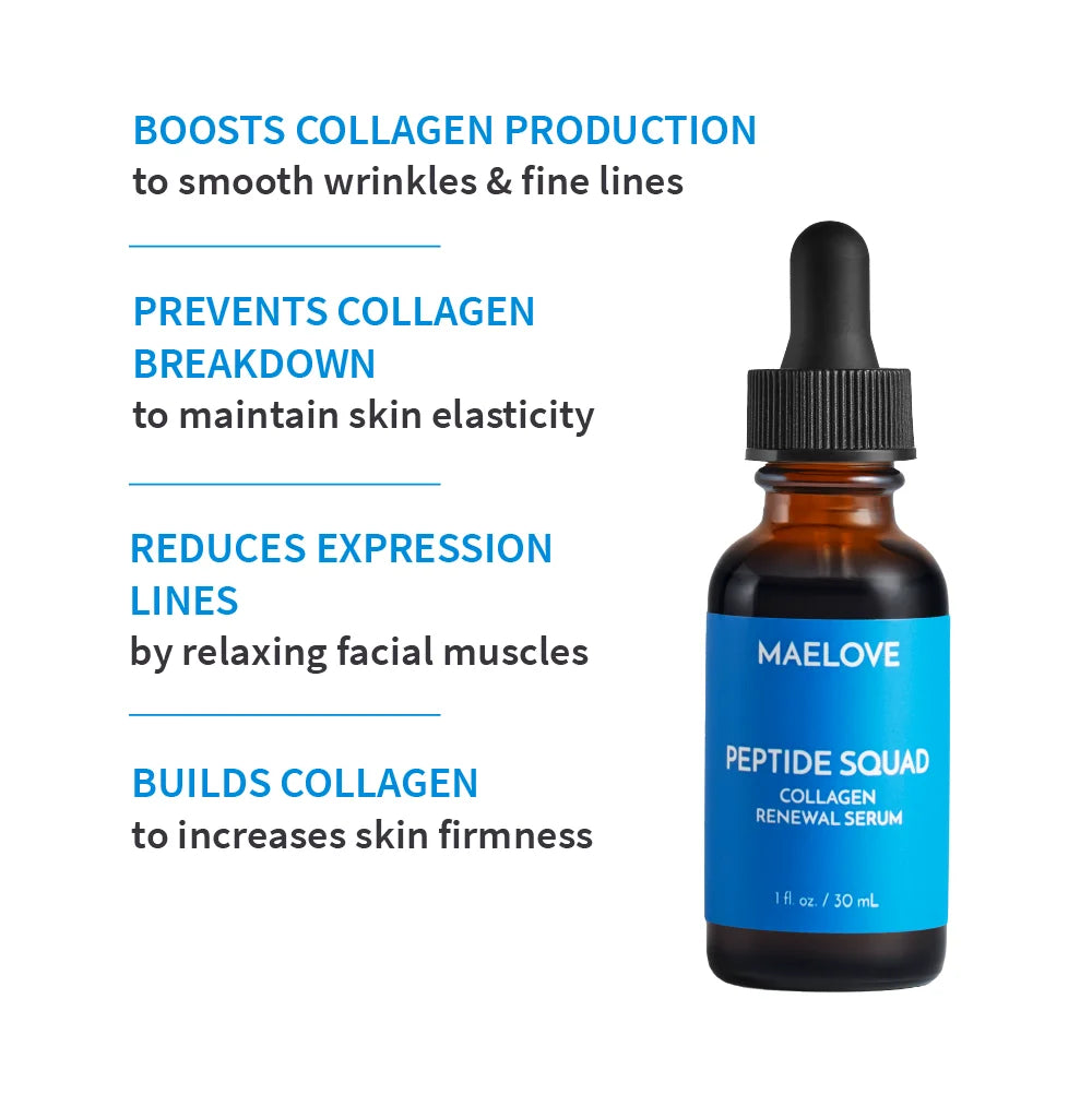 Image of a Maelove Peptide Squad serum bottle with text about collagen benefits.