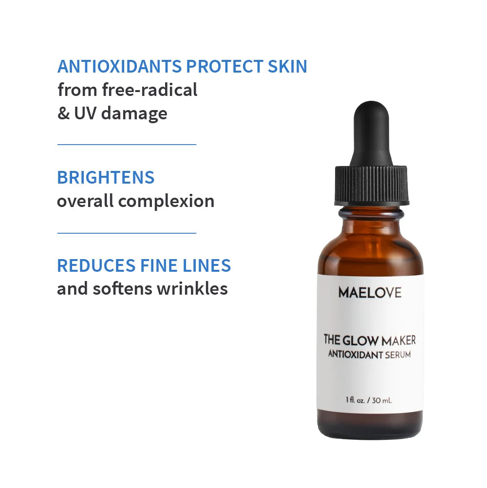 Brown bottle of Maelove antioxidant serum with text about skin benefits.