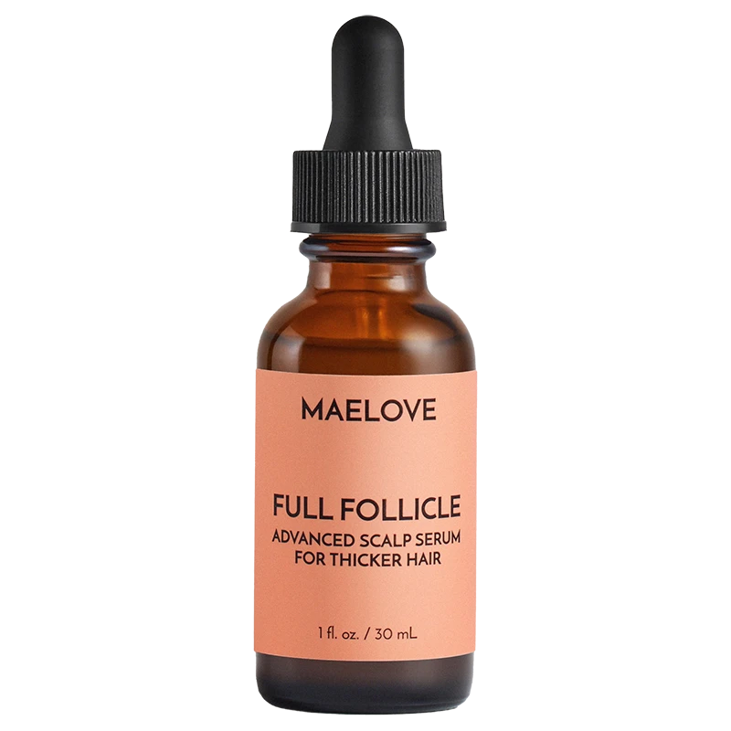 A bottle of Maelove Full Follicle Advanced Scalp Serum for thicker hair on a white background.
