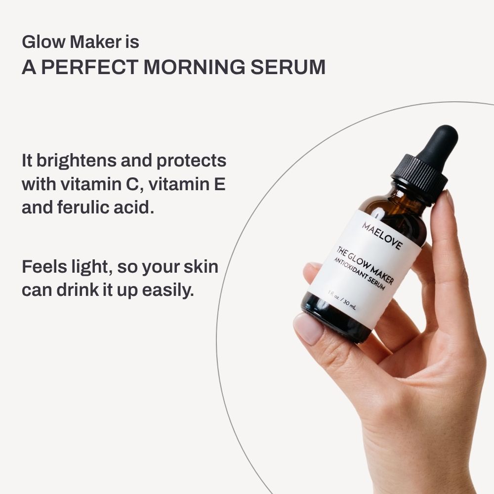 Hand holding a bottle of Maelove Glow Maker antioxidant serum with text about its benefits.