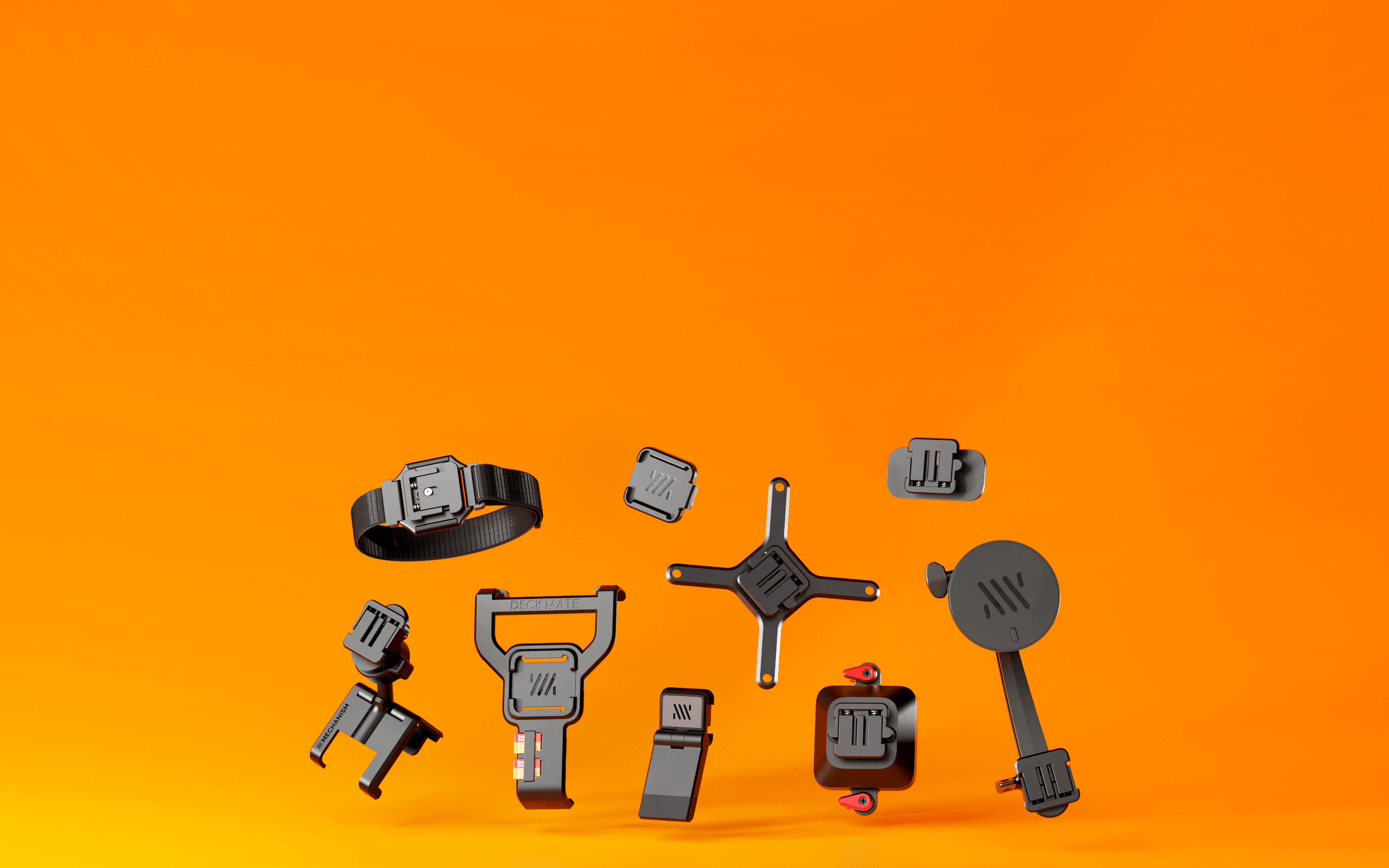 Assorted black and silver gadgets on an orange background.