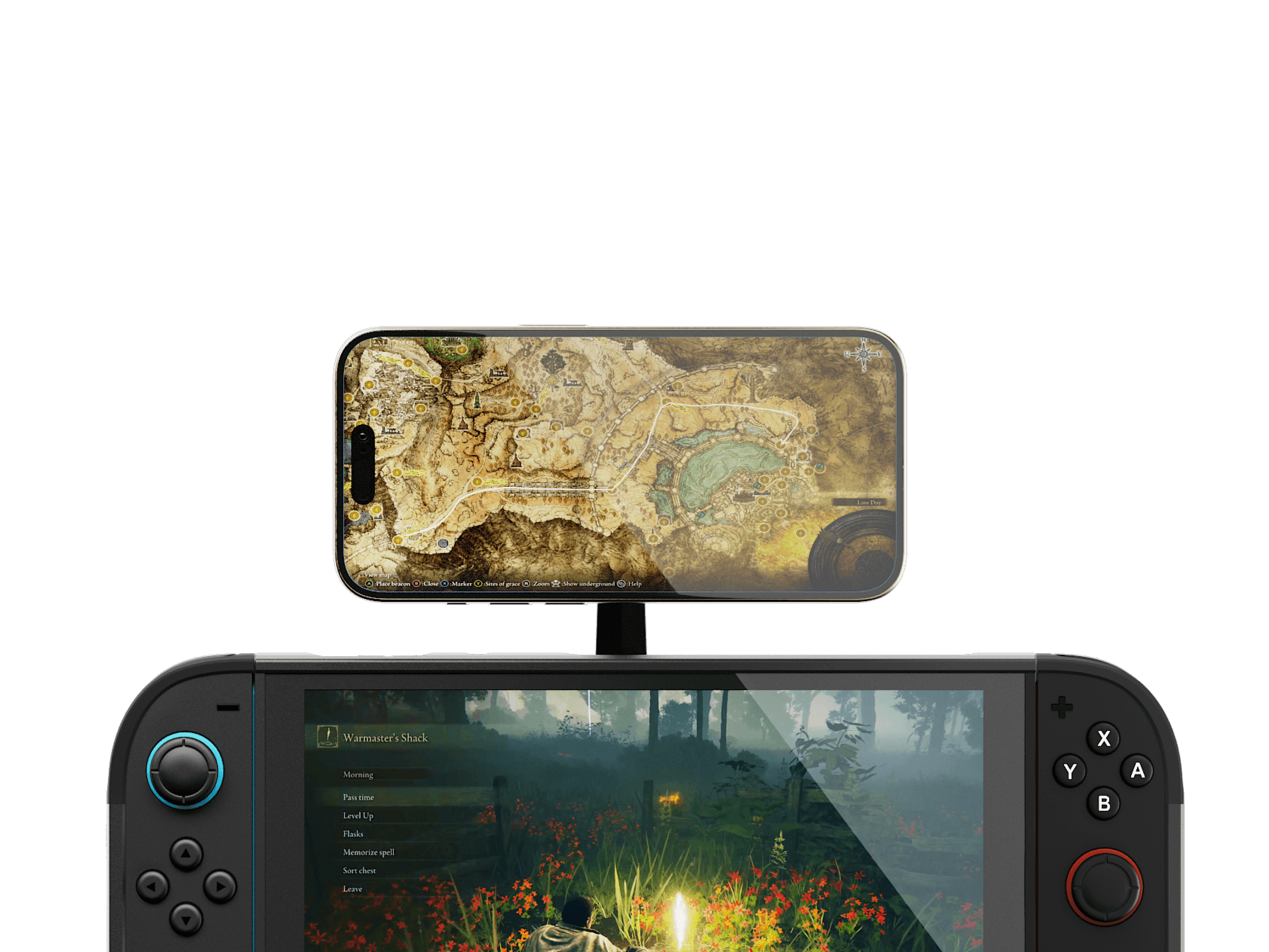 Gaming console with a screen displaying a map and another screen showing a game scene.