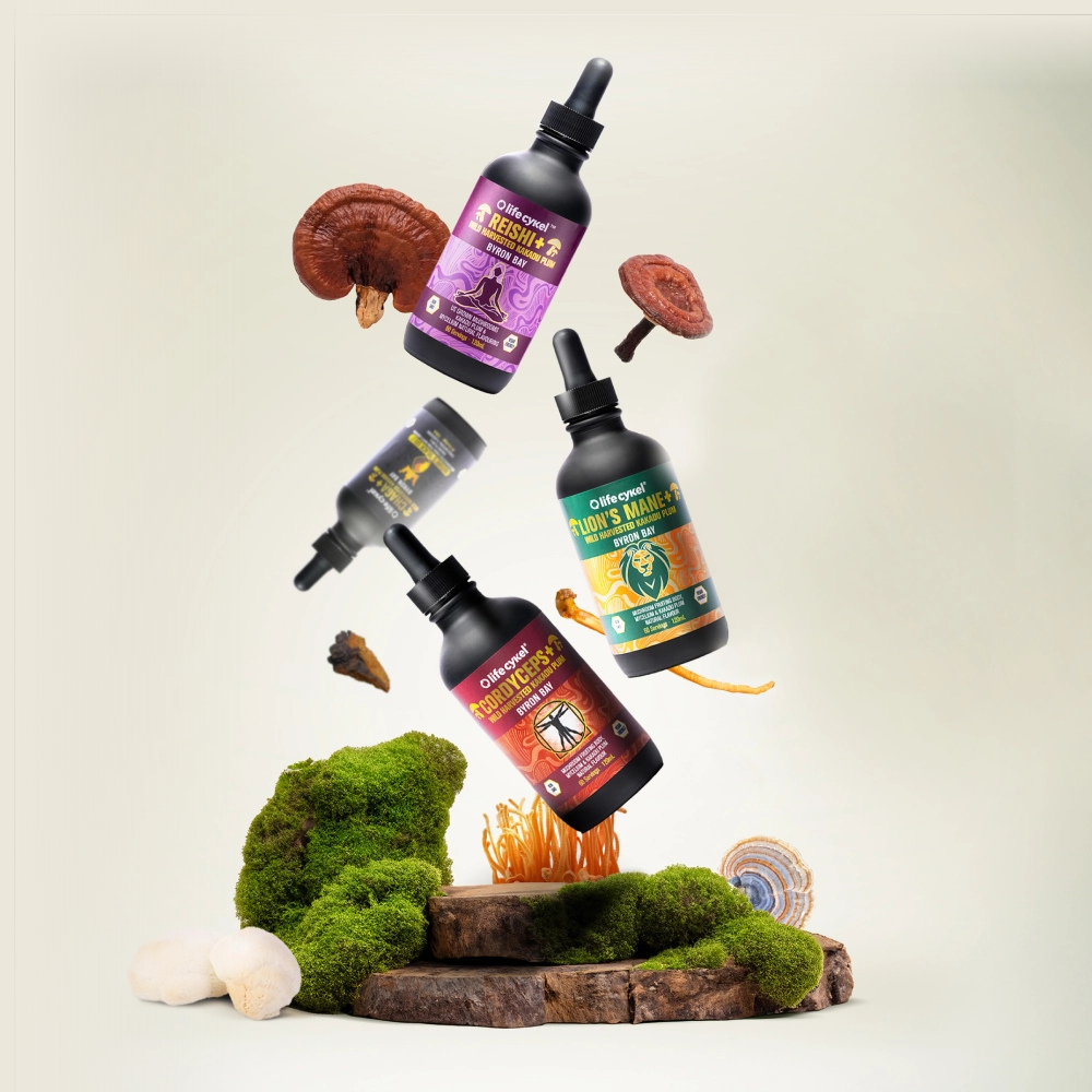Bottles of mushroom extracts and mushrooms on moss-covered wood.