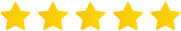 Five gold stars in a row on a transparent background.