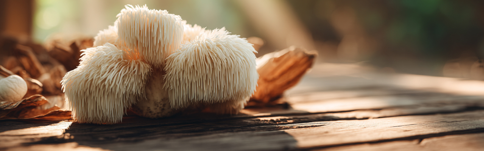 Furry white mushroom growing on a wooden surface with sunlight.