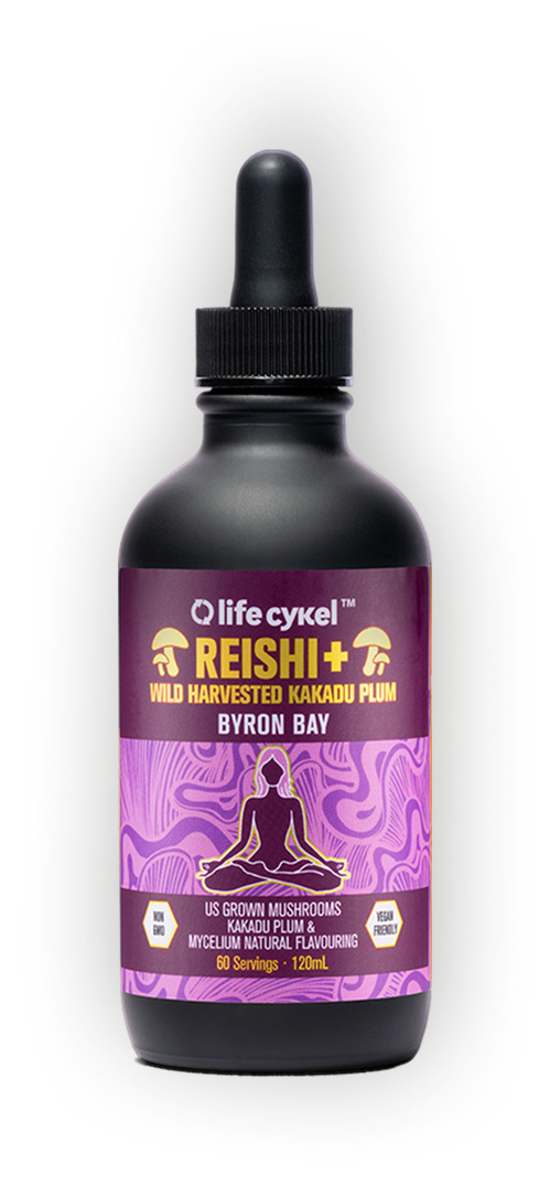 A bottle of Life Cykel Reishi+ with purple label and dropper cap.