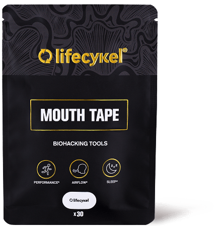 Black packaging of Lifecykel mouth tape, labeled for biohacking tools, with icons for performance, airflow, and sleep.