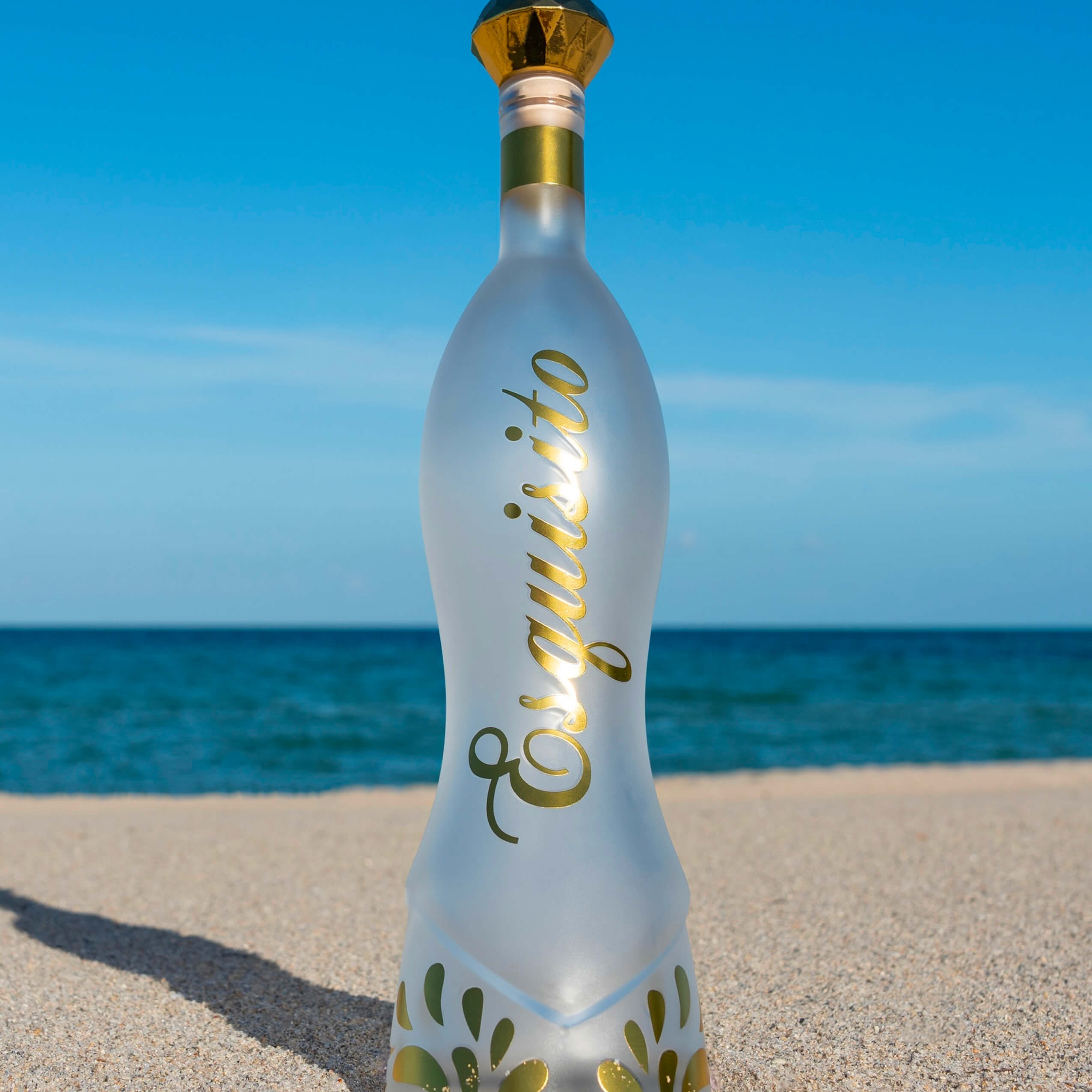 A frosted bottle with 'Esquisito' on a sandy beach, ocean in the background.