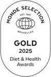 Monde Selection Gold 2025 Diet & Health Awards logo in black and white.