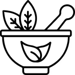 A black line-drawing icon of a mortar and pestle with leaves, on a green background.