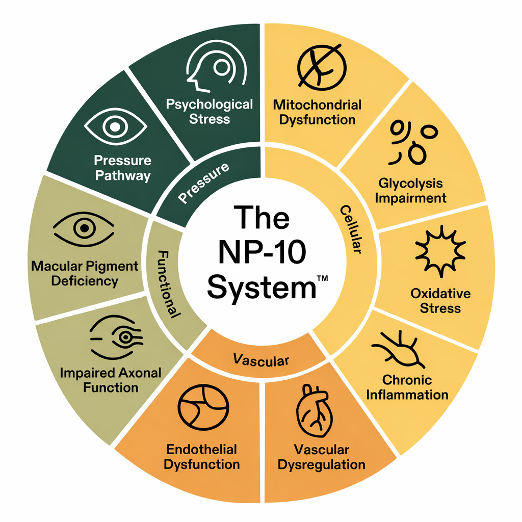A circular diagram illustrating The NP-10 System with various related biological and psychological factors organized in colored sections.