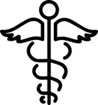A black Caduceus symbol, a winged staff with two entwined snakes, on a dark green background.