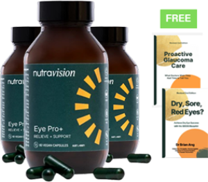 Three bottles of Nutravision Eye Pro+ and two free eye care booklets.