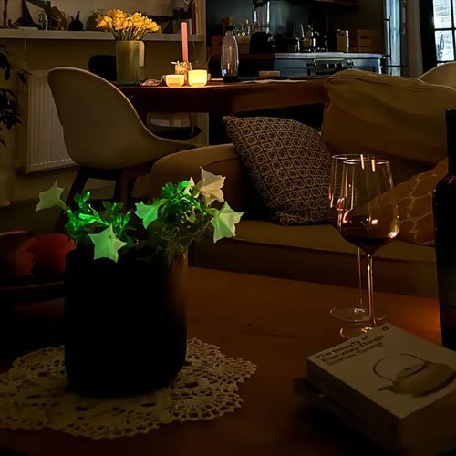 Cozy living room with candles, wine glass, and glowing plant on a table.