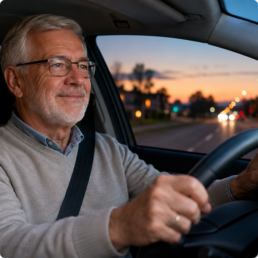 An older man with glasses and a beard smiles while driving a car at dusk.