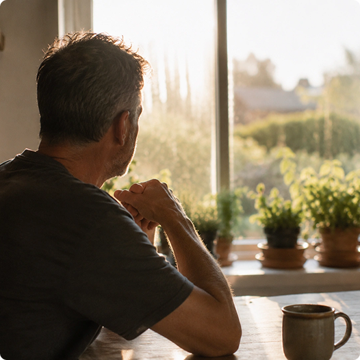 A man sits at a table with a mug, looking out a sunlit window with potted plants.