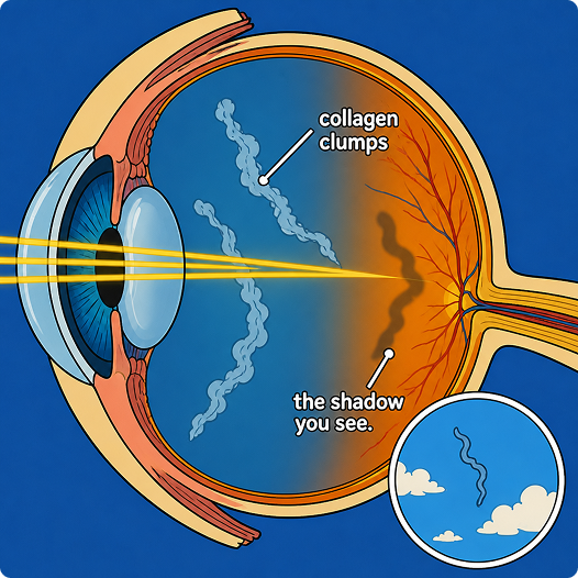 A diagram showing how collagen clumps in the eye cast shadows on the retina, which are seen as floaters.